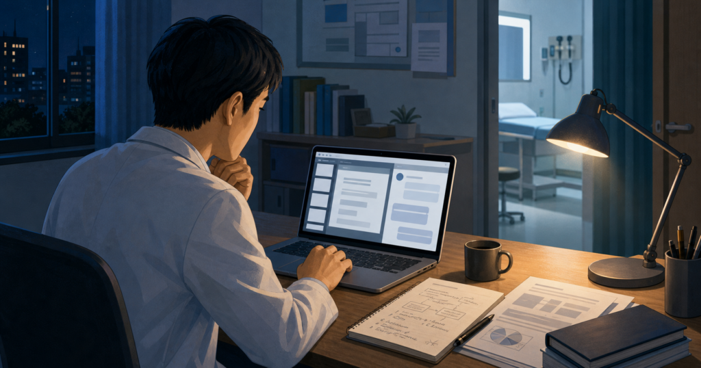 ノートパソコンで生成AIを使い講演資料を作る医師のイメージ